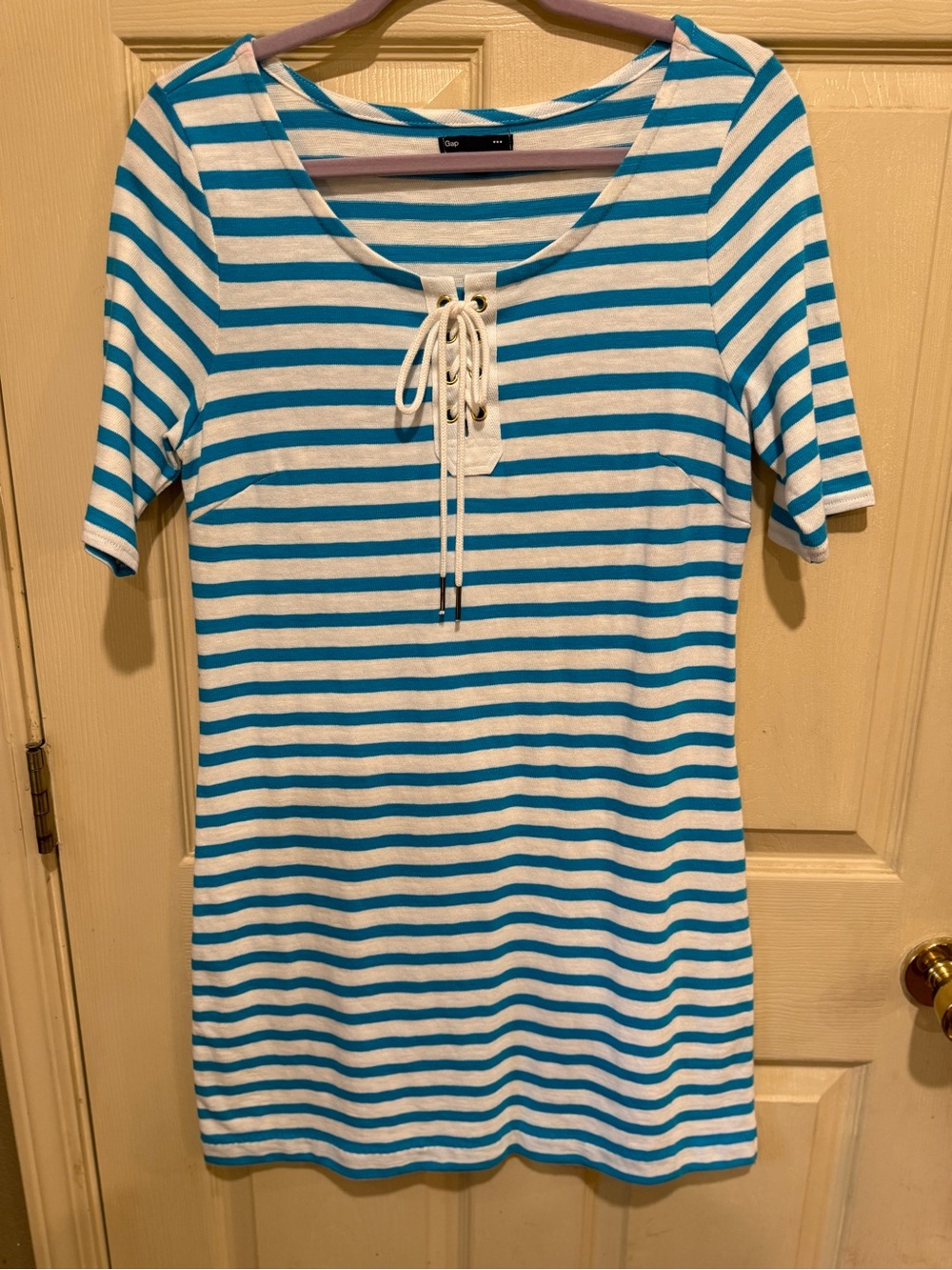 GAP White and Teal Striped Lace-Up Short Sleeve Dress